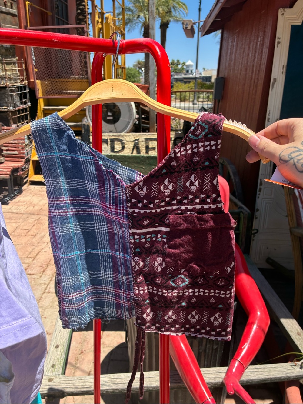 Boho Mix-Pattern Homemade Patchwork Crop Top in Burgundy & Blue